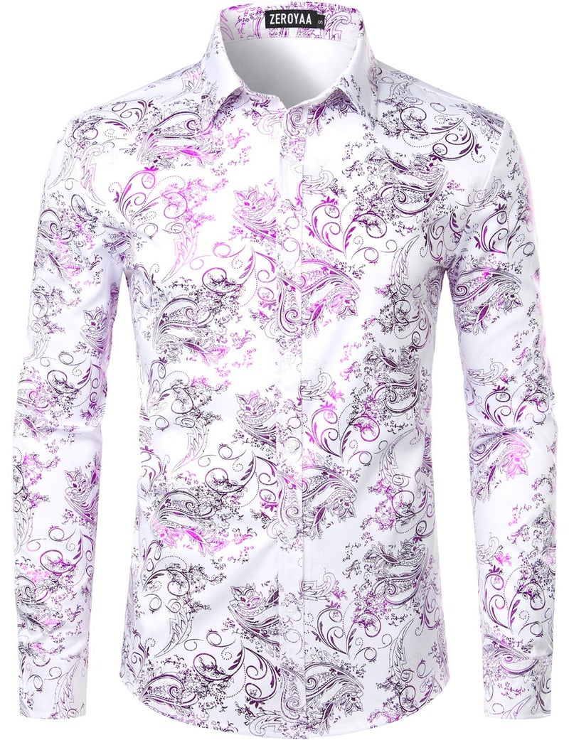 ZEROYAA Men's Luxury Paisley Dress Shirt Shiny Floral Printed Button Down Shirts for Party Prom ZLCL18 White Purple X-Large - Image 1
